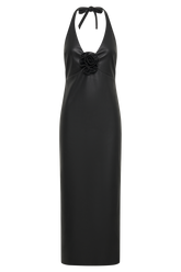 Dori Faux Leather Rose Midi Dress - Black